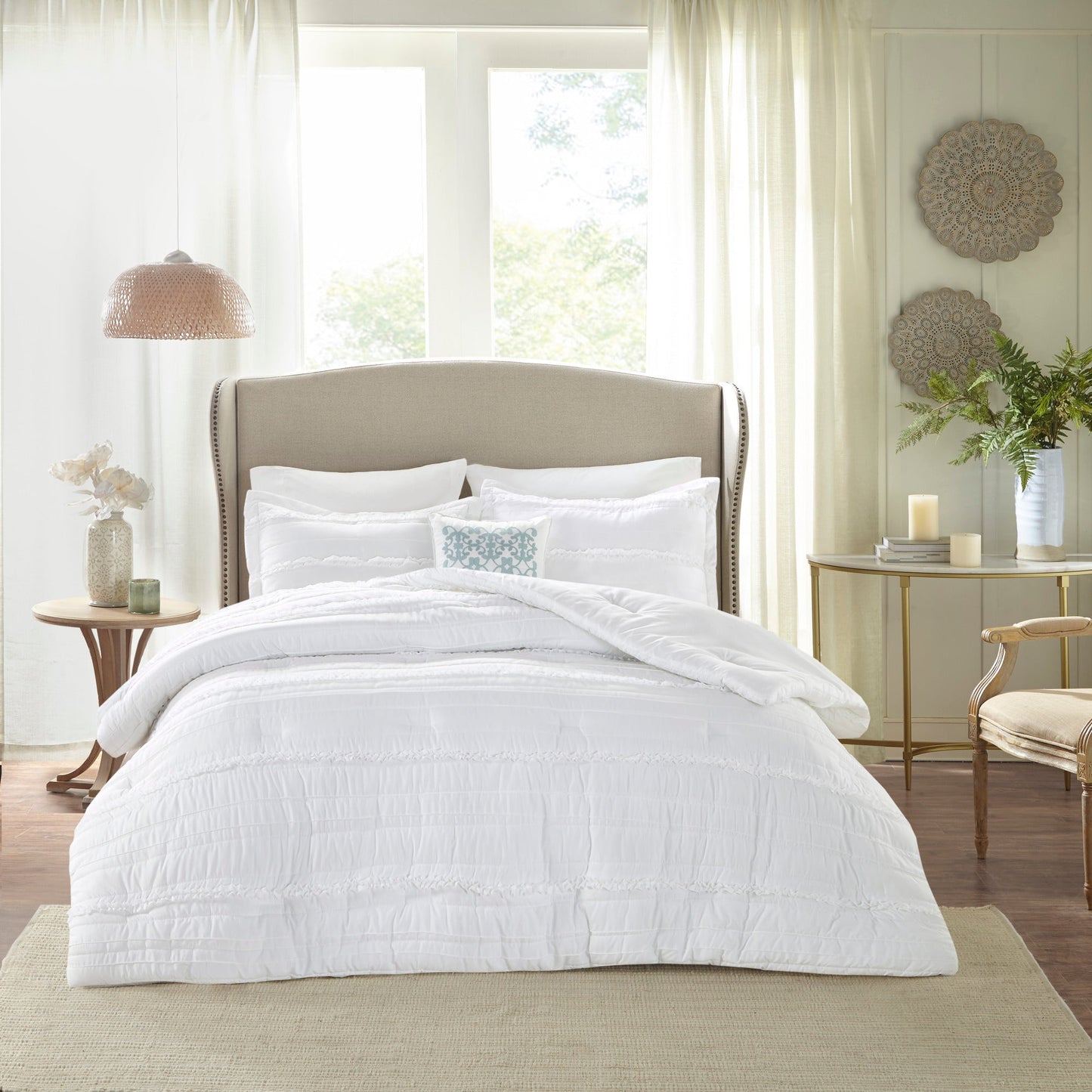 5 Piece Microfiber Ruffled Comforter Set White Queen