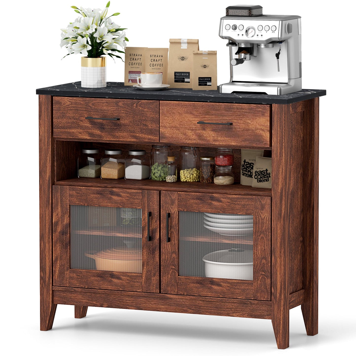 Coffee Bar Cabinet with 2 Drawers and 1 Open Compartment-Brown
