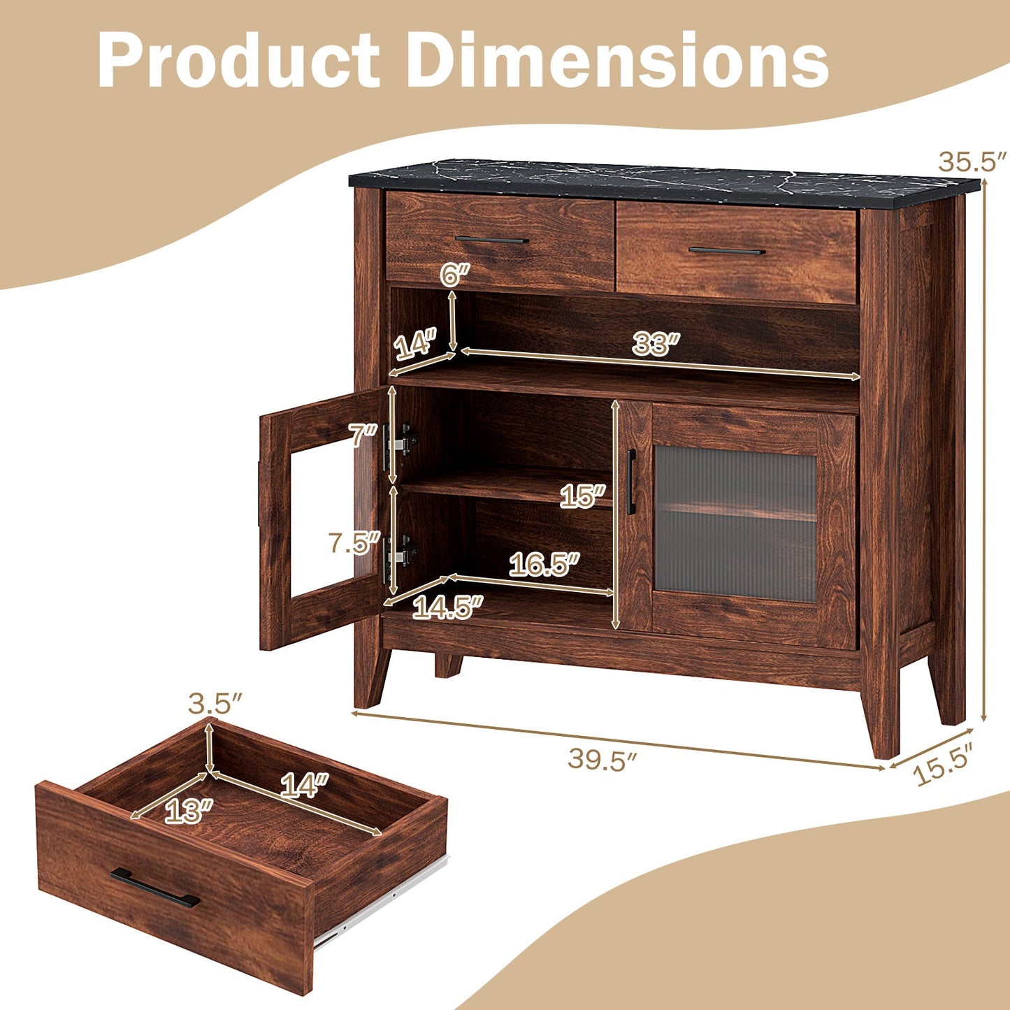 Coffee Bar Cabinet with 2 Drawers and 1 Open Compartment-Brown