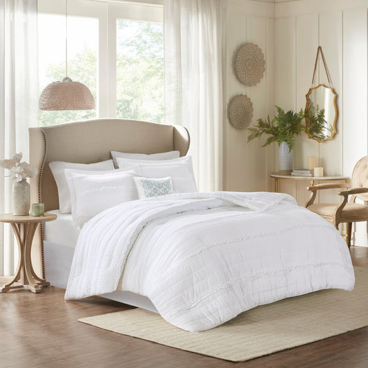 5 Piece Microfiber Ruffled Comforter Set White Queen